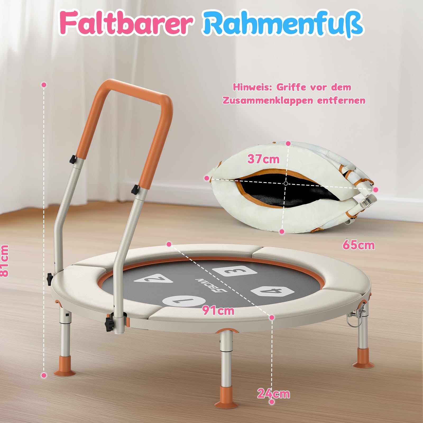 BCAN 91 cm Kleinkind-Trampolin, Verstellbarer Griff, Sicherheitspolster und klappbare Beine, Baby-Trampolin für drinnen und draußen, Geschenk für Jungen und Mädchen