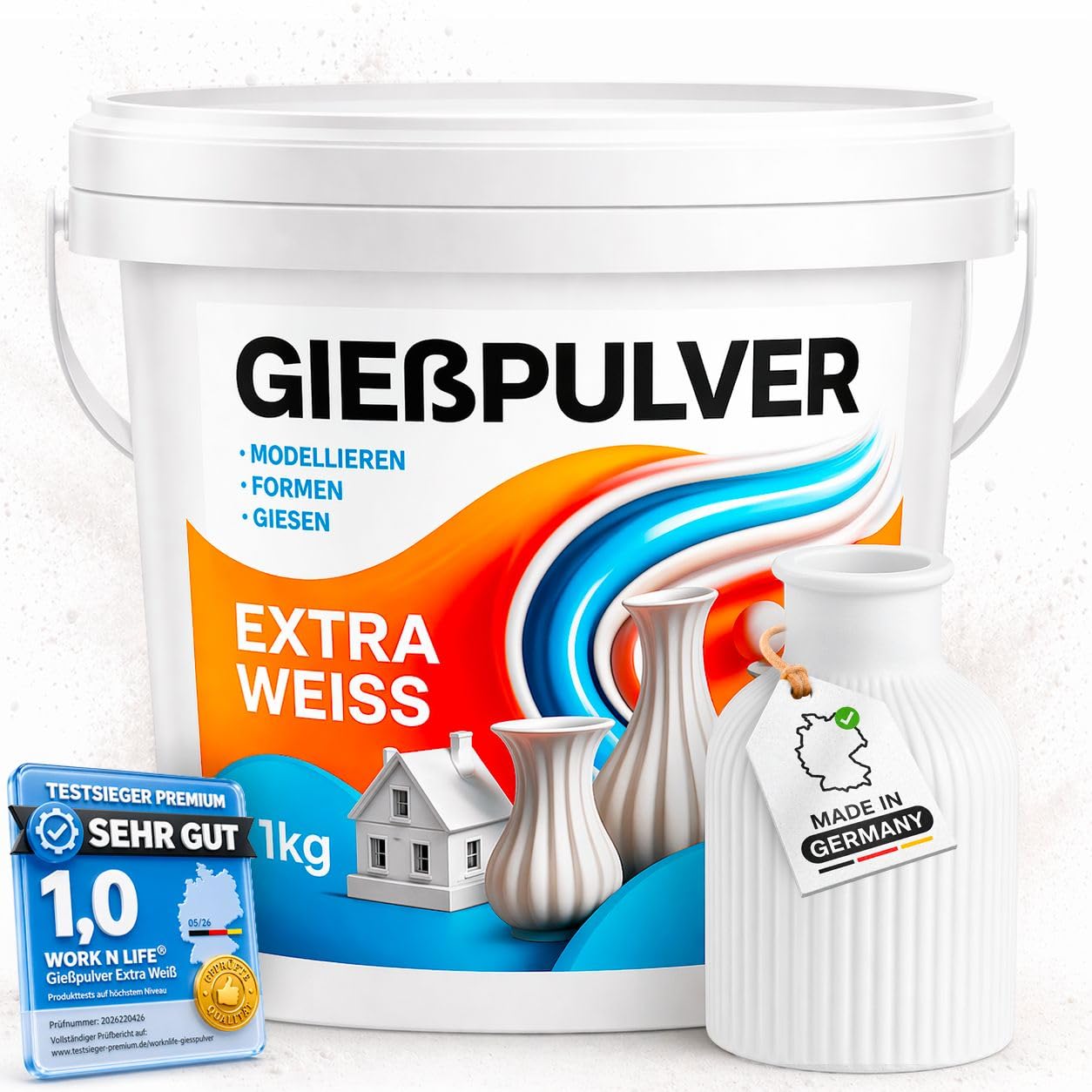 Work'n'life Gießpulver Extra Weiß 1 kg für Silikonformen & DIY Gießen | Gips zum gießen Lufthärtend & Geruchslos Extraweiß Extrahart (Testsieger)