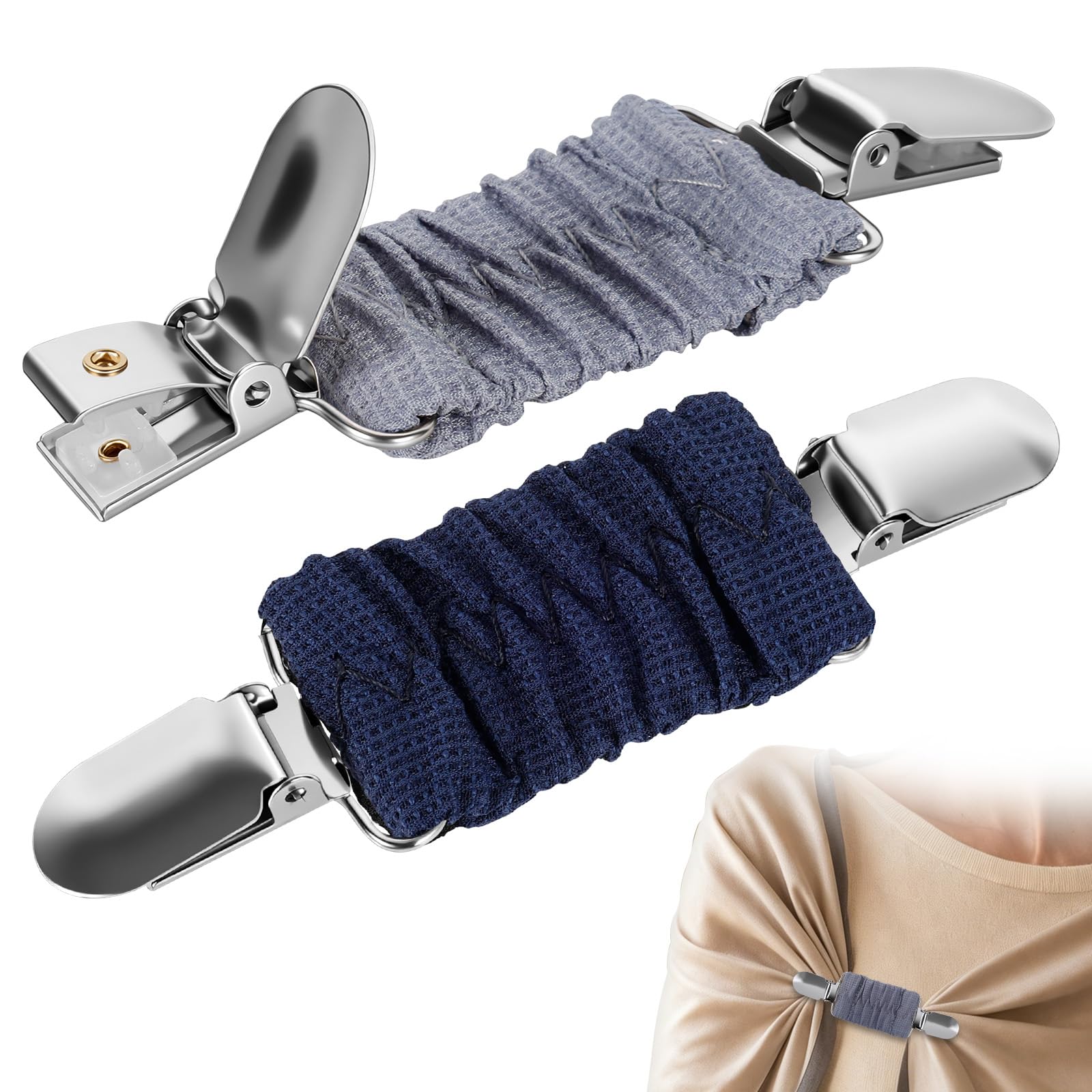 2 Pcs Cinch Clips for Clothes, Elastic Waist Cincher Clip, Adjustable Dress Clips Back Cinch, Cardigan Sweater Shawl Shirt Tightener for Women(Grey+Navy Blue)