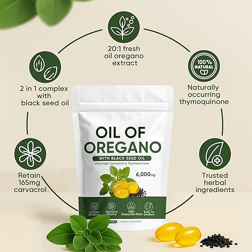 Miniatura 2 de RESILIA Aceite de orégano con aceite de semilla negra  6,000 mg, 300 cápsulas blandas  Aceite de orégano cápsulas blandas con fuerza Carvacrol y