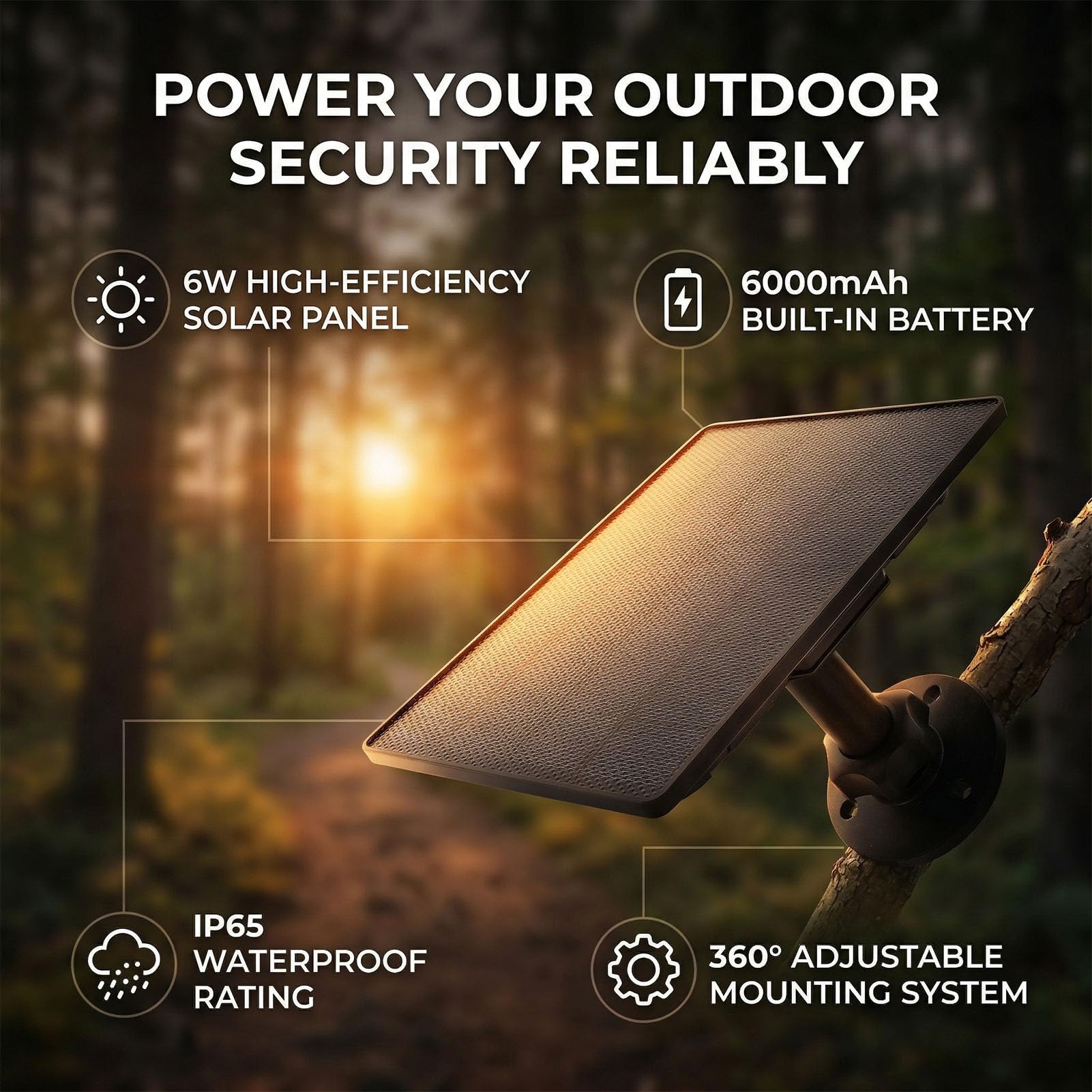 Fockety Wildkamera Solarpanel, 6 W, 360° Drehbar, 6000 MAh, Wiederaufladbarer Lithium Akku, IP65, Wasserdichtes Solar Ladegerät Set für Überwachungskameras, Mobilfunk