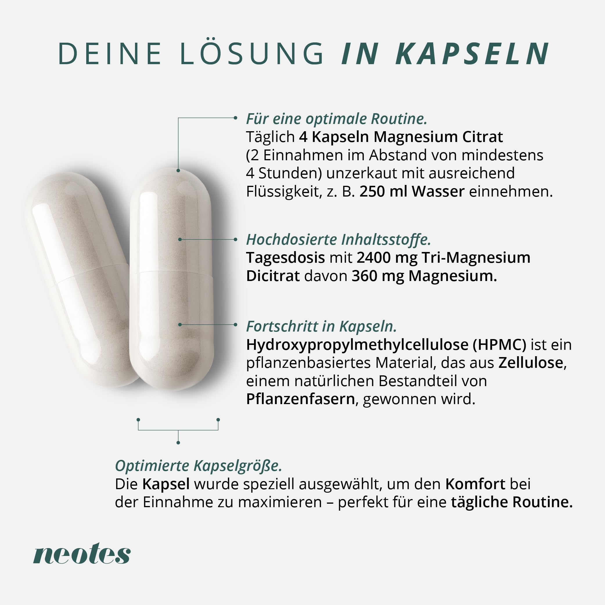 Magnesiumcitrat hochdosiert – 360mg elementares Magnesium aus reinem Tri-Magnesiumdicitrat – 4-Kapsel-Komplex zur optimalen Verteilung – Ohne Zusätze, Vegan & Laborgeprüft – 180 Kapseln Premium