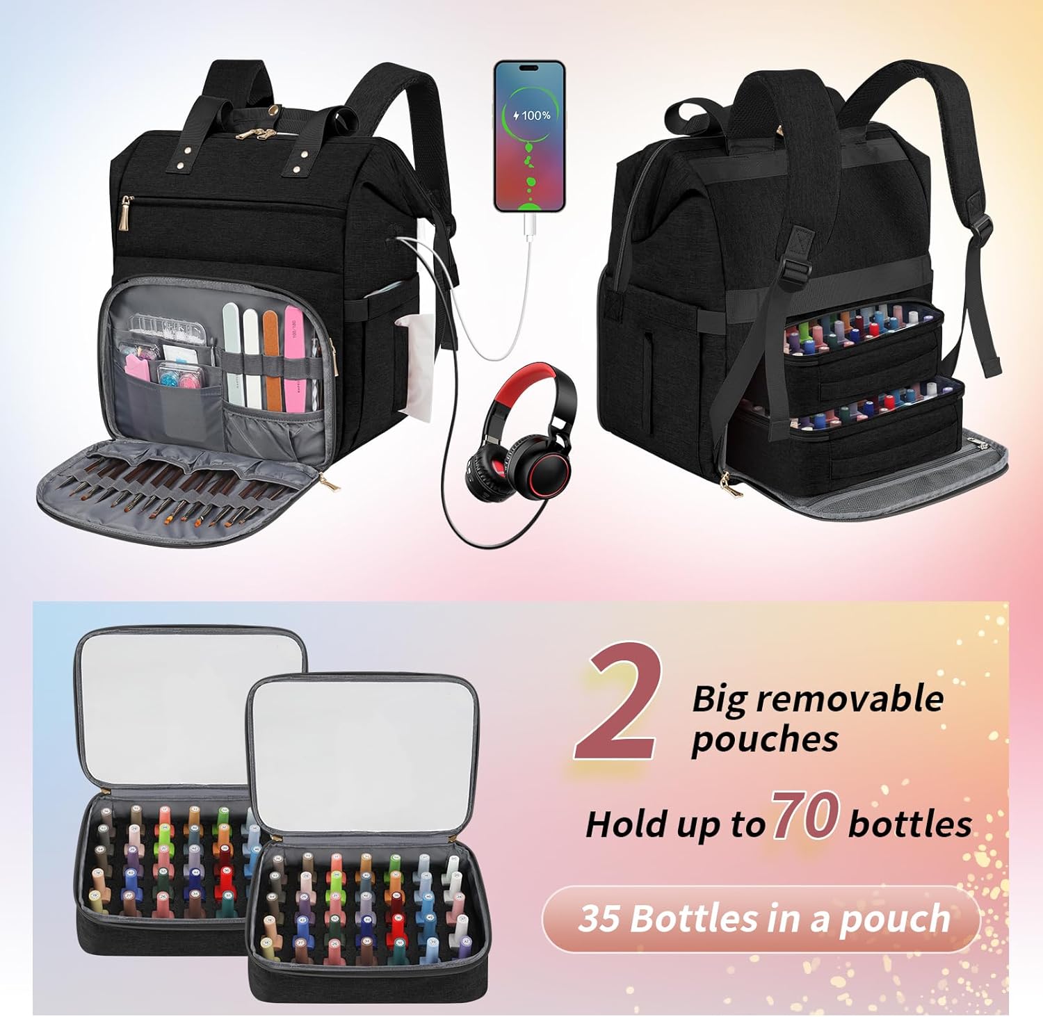 LTINVECK Nail Polish Organizer Case Backpack Holds 70 Bottles (15ml/0.5fl.oz)& Nail Lamp, 2 Layers Detachable Nail Kit Storage Case, Large Travel Nail Supplies Shoulder Bag for Manicure Tools (black)