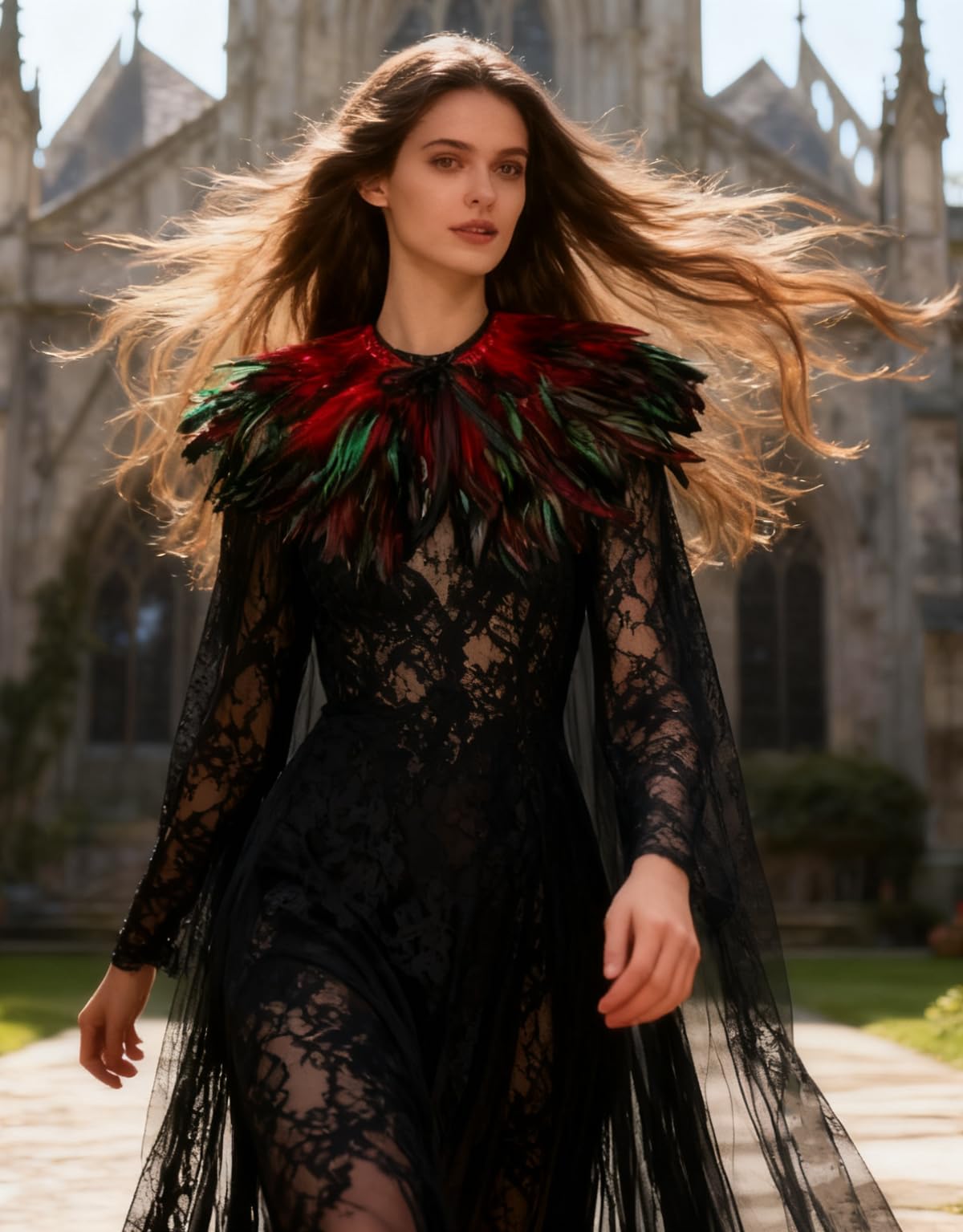 keland Cape Tulle Noir avec Châle à Col de Plumes Déguisement Maléfique Halloween (Rouge)