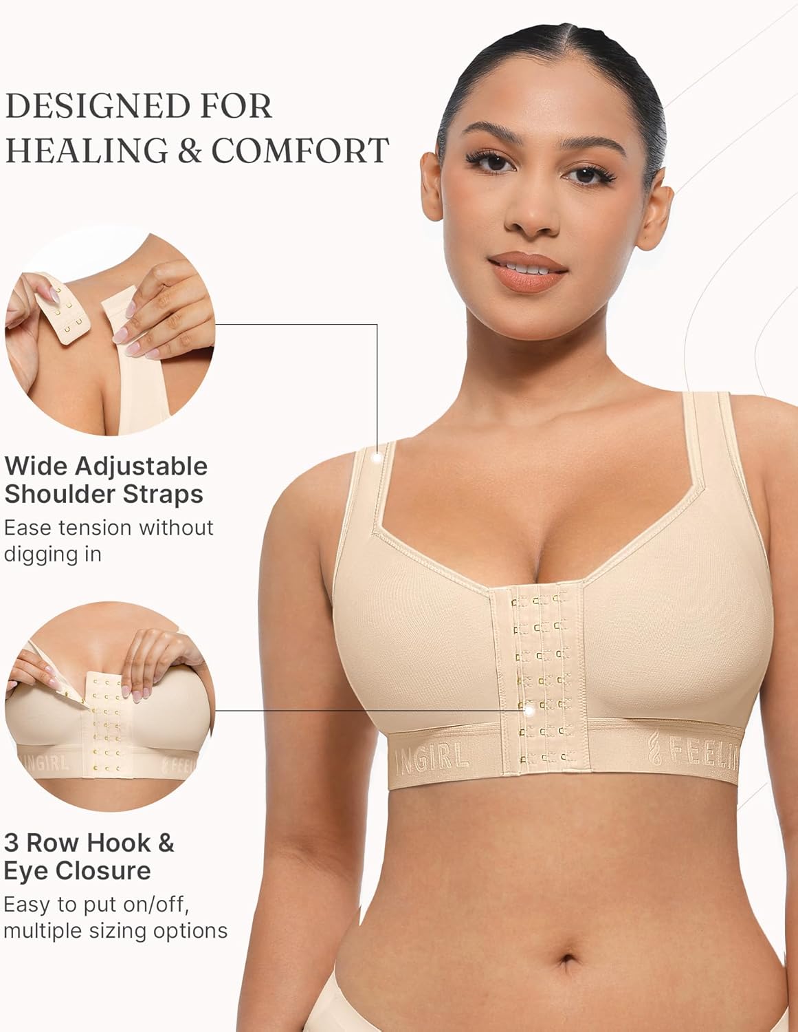 FeelinGirl Post Surgery Bra Front Closure Compression Mastectomy Bra for Women with Wide Adjustable Straps Wirefree Support - Image 3