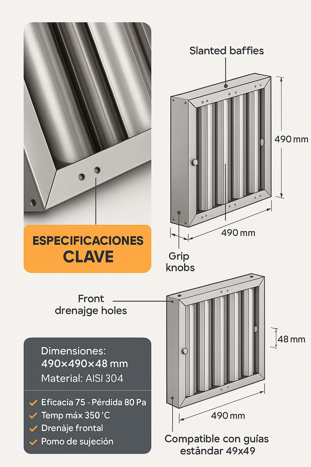 RO Linea Blanca ® Filtro Lamas 490x490x48 Mm Acero Inox AISI 304 Para Campana Industrial Hosteleria Lavable Lavavajillas Drenaje Lamas Inclinadas Pomo Sujeccion Recambio Universal Seguridad Casa