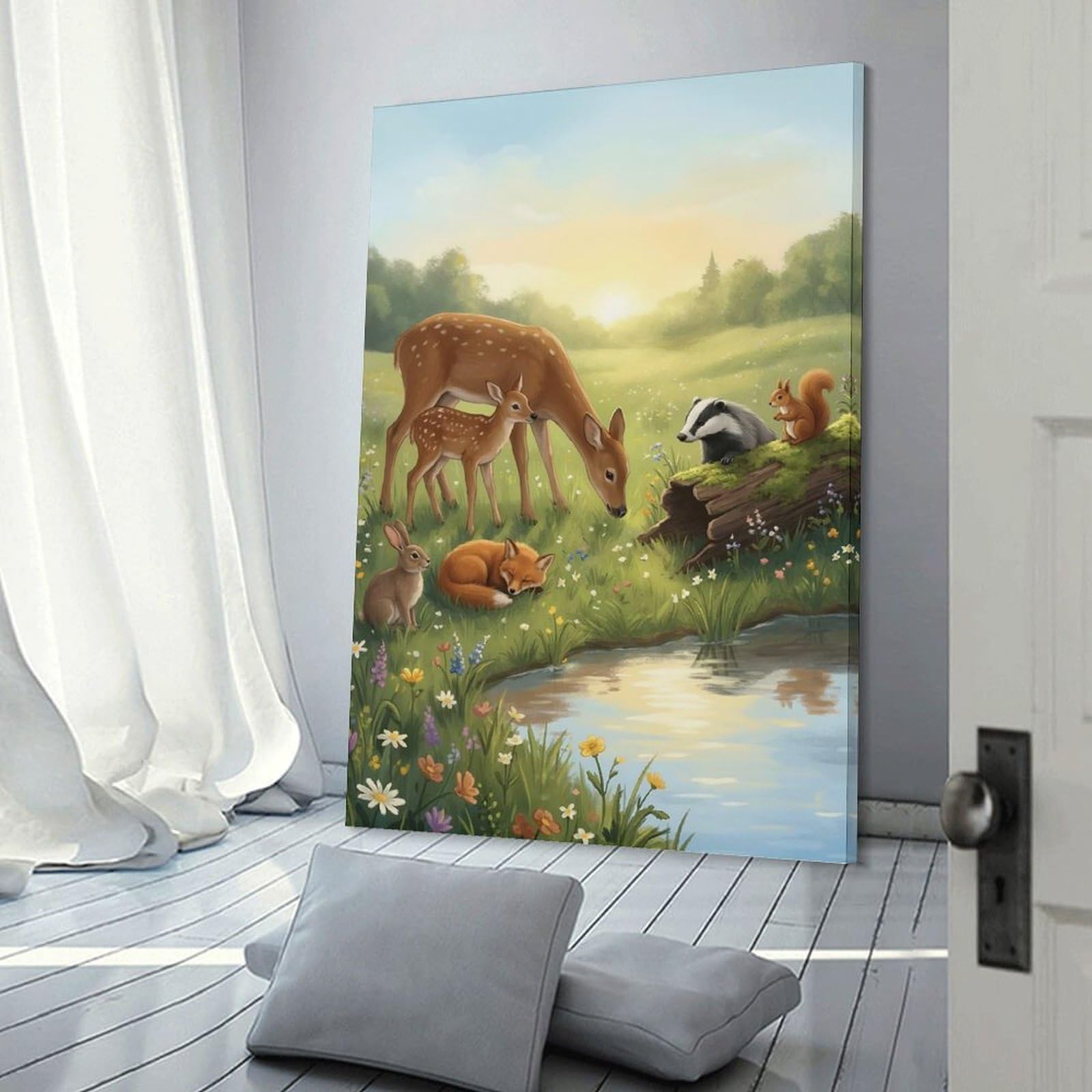 Junmoney Forest Animals by The Pond Canvas Wall Picture 12x18inch(30x45cm), for Entryway, Lounge Links Or Small Walls, Decorative Canvas Styling for Entry Areas