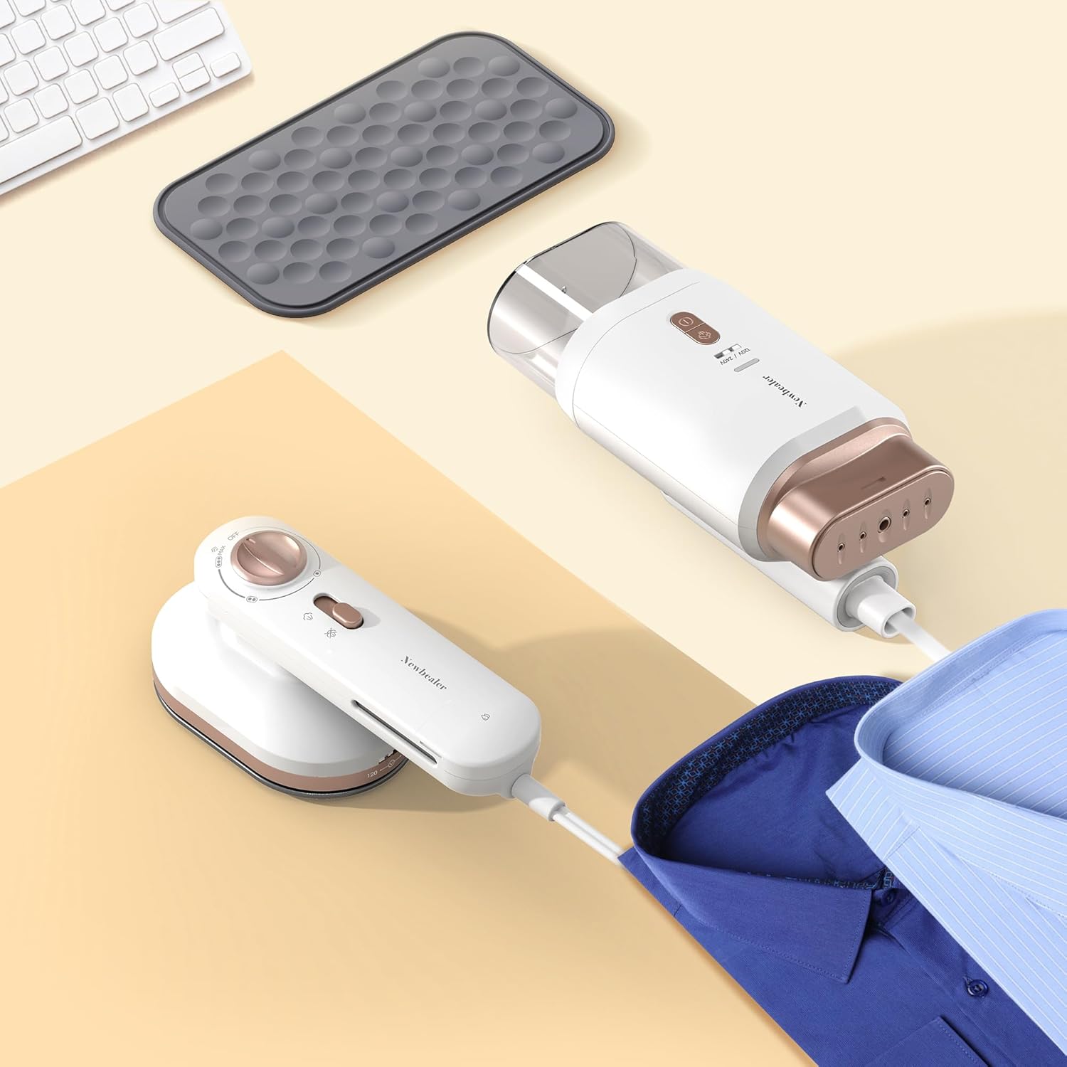 Newbealer Handheld Steamer bundle with Travel Steam Iron for Clothes, Dual Voltage, Powerful Steamer and Dry Iron, Idea Gift