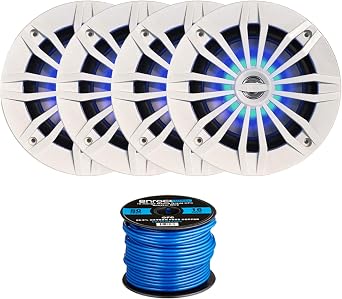 4 x EnrockMarine 6.5" 2-Way 180W Marine Loudspeakers feat. Blue LED Light Flashing with Music White, Enrock Marine-Grade 50Ft. 16-Gauge Tinned Speaker Wire