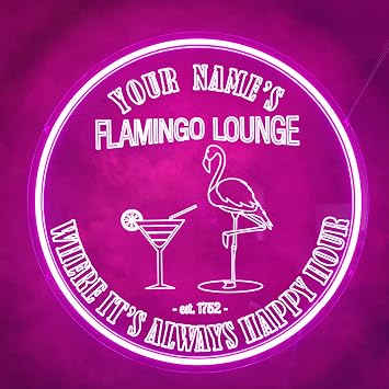 Customized Flamingo Cocktail Neon Bar Sign, Personalized Tiki Bar Cocktail LED Signs for Home Bar Pub Party Decor, Funny Flamingo Lounge Neon Light, Women Gifts, 16 Round