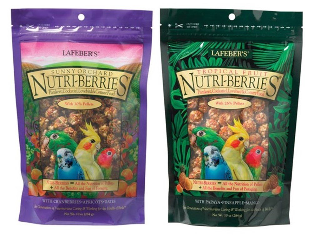 Nutri-Berries Parakeet, Cockatiel, Lovebird & Conure Food 2 Flavor Variety Bundle, (1) Each: Papaya Pineapple Mango, Cranberries Apricots Dates, 10 Ounces