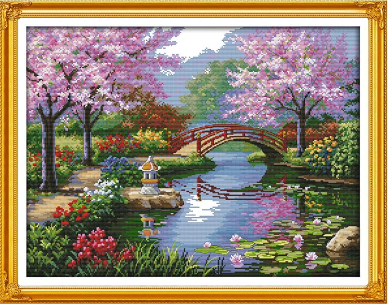 Rosyfoxes Cross Stitch Kits Stamped Full Range of Embroidery Starter Kits for Adult DIY 14CT 2 Strands - Printed kit The Beautiful Scenery of Park(Printed) 21.7x16.9 inches