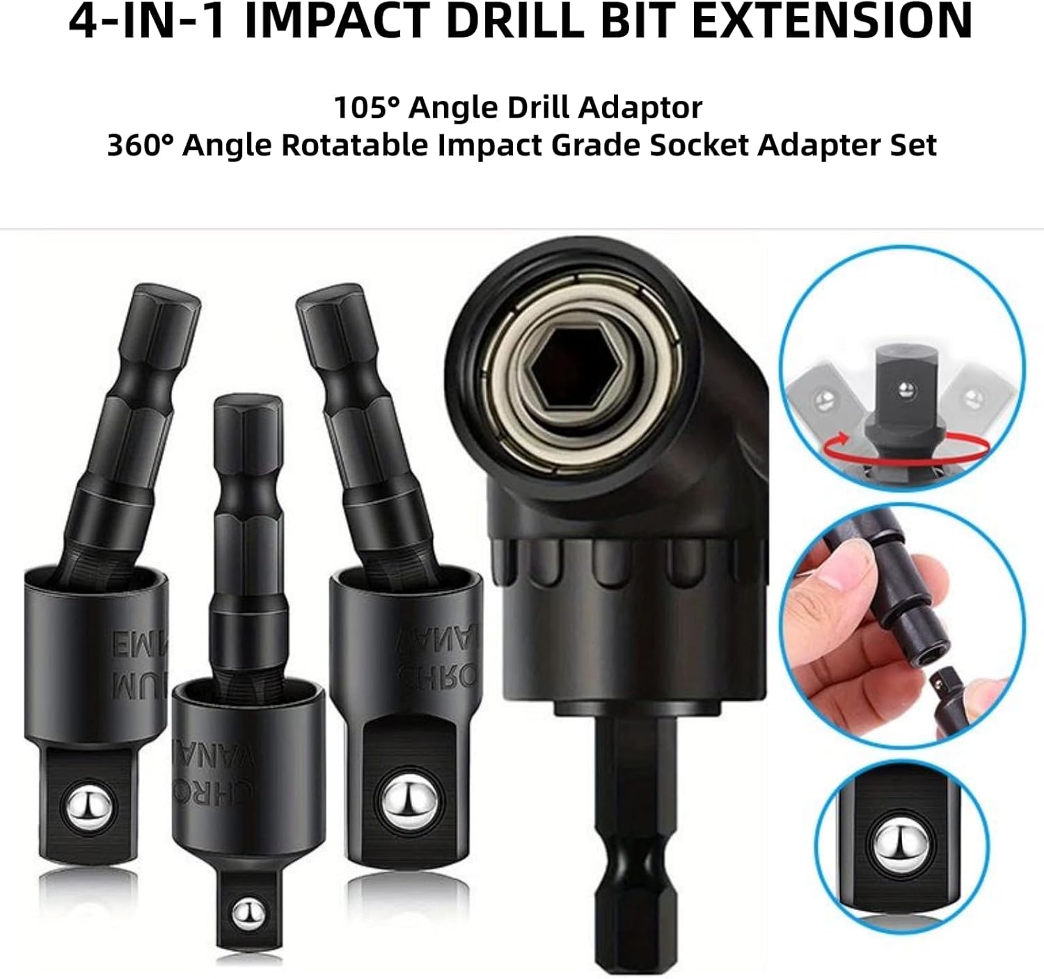 4-in-1 Impact Drill Bit Extension,Right Angle Drill Adaptor,Screwdriver Bit,Rotatable Impact Grade Socket Adapter Set,Hand Powered Tool Kit for Narrow Spaces for home work and daily maintenance