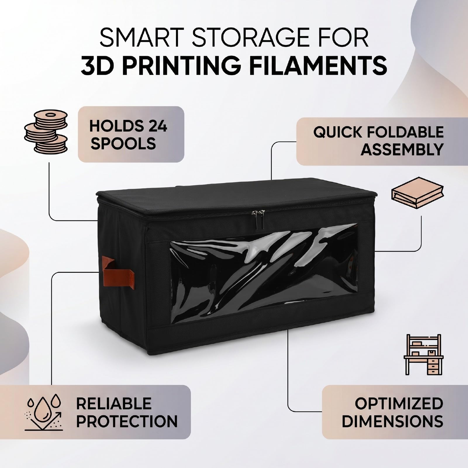 Zunate Pudełko do Przechowywania 4 szt. Filamentu, Organizator Materiałów Eksploatacyjnych do Druku 3D z tkaniną Oxford, Składane Pudełko na Szpule na 24 Rolki Domowego Warsztatu (BLACK)