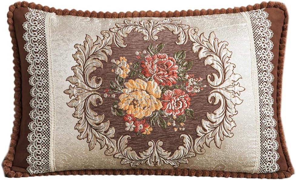 European Jacquard Plush Pillow Decorative Sofa Cushion Embroidery Rectangular Sofa & Chair Lumbar Waist Pillow Back Cushion Creative Throw Pillows with Core (Beige Blue, 40×60CM/15.7"×23.6")