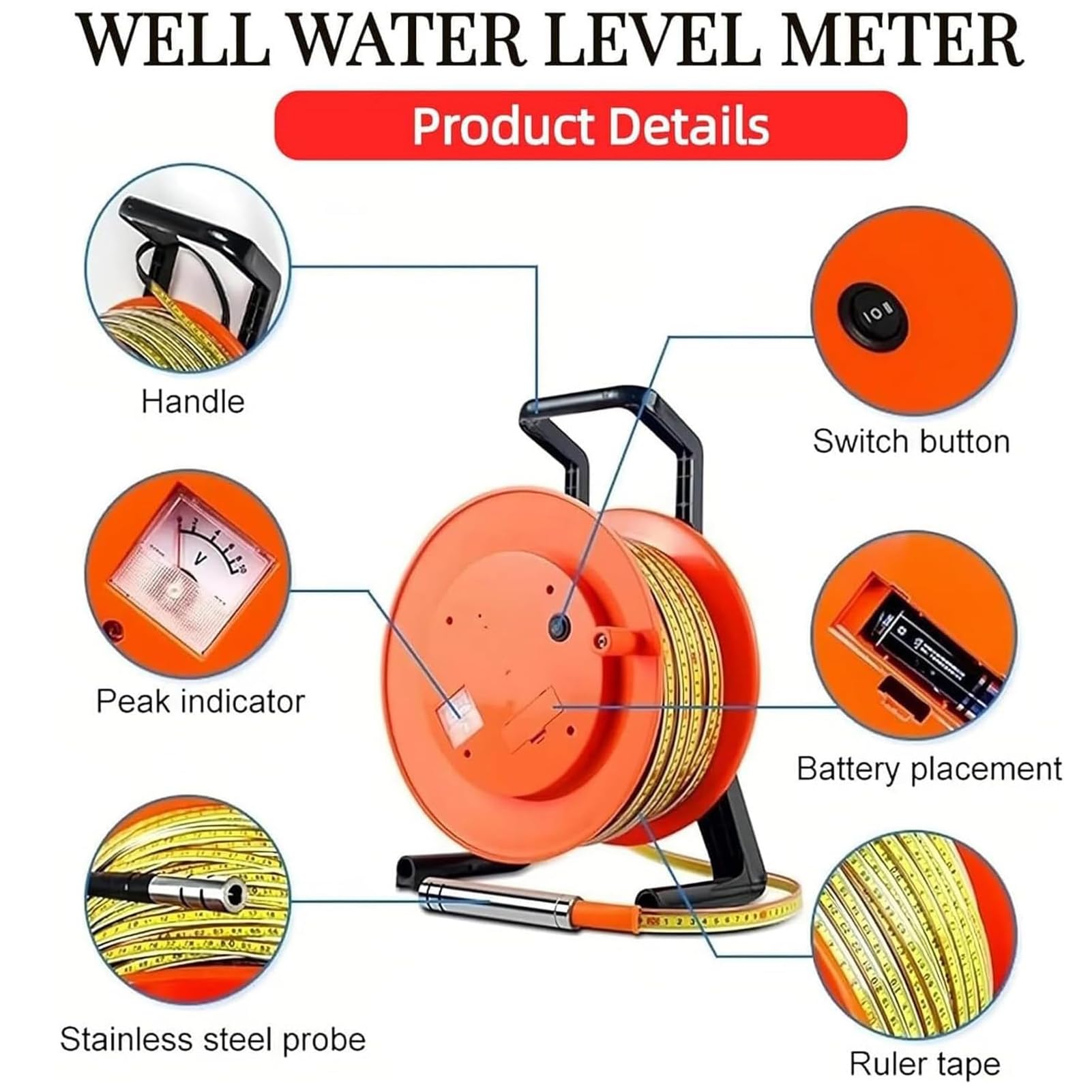 Monitor de nivel de agua subterránea, medidor de nivel de agua con cinta de acero y sonda, medidor de agua de pozo para pozos profundos y perforaciones, herramienta de profundidad de agua con señal