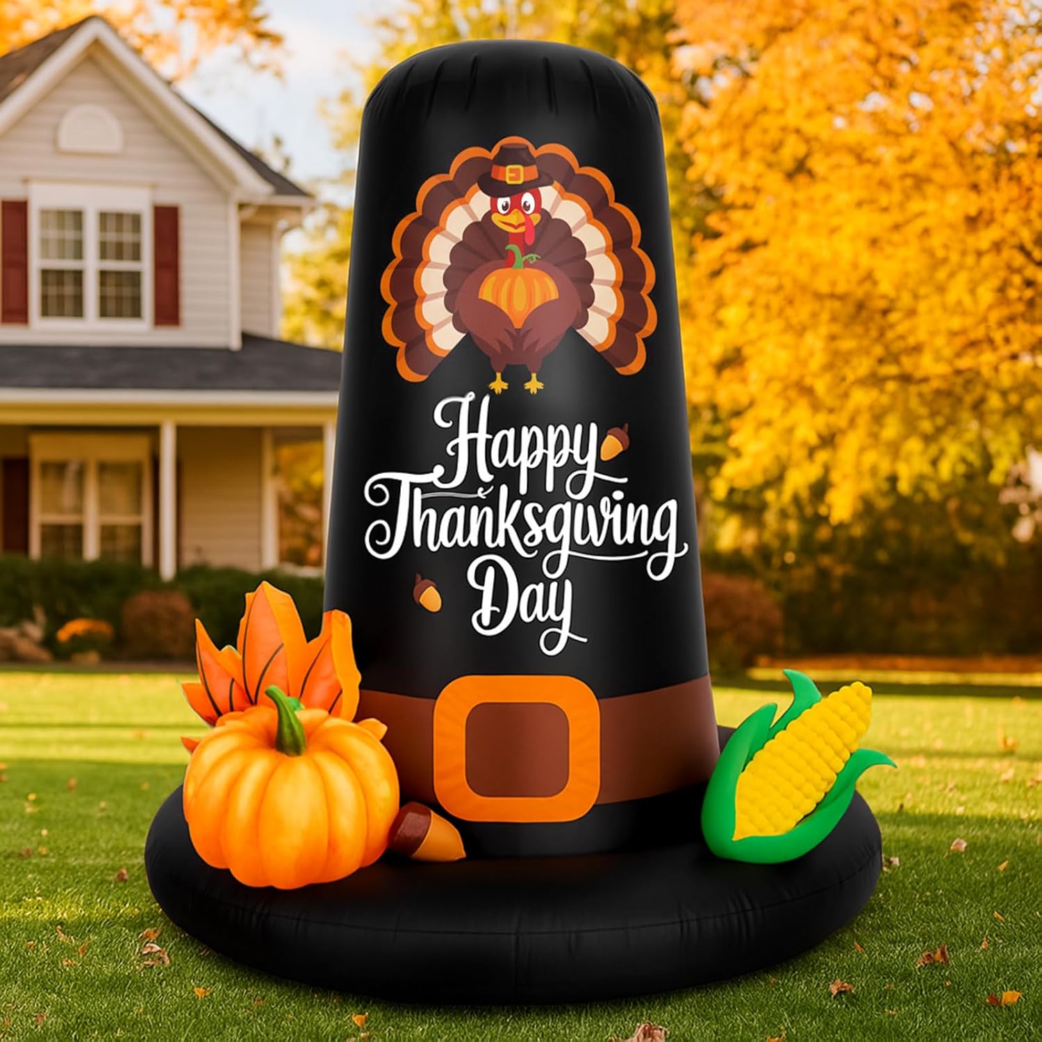 VioraWhite 6ft Thanksgiving Pilgrim Hat Inflatable Decoration with LED Fall Stacked Pumpkins Blow up Be Blessed Thanksgiving Inflatable Outdoor for Autumn Harvest Fall Garden Lawn Yard Decor