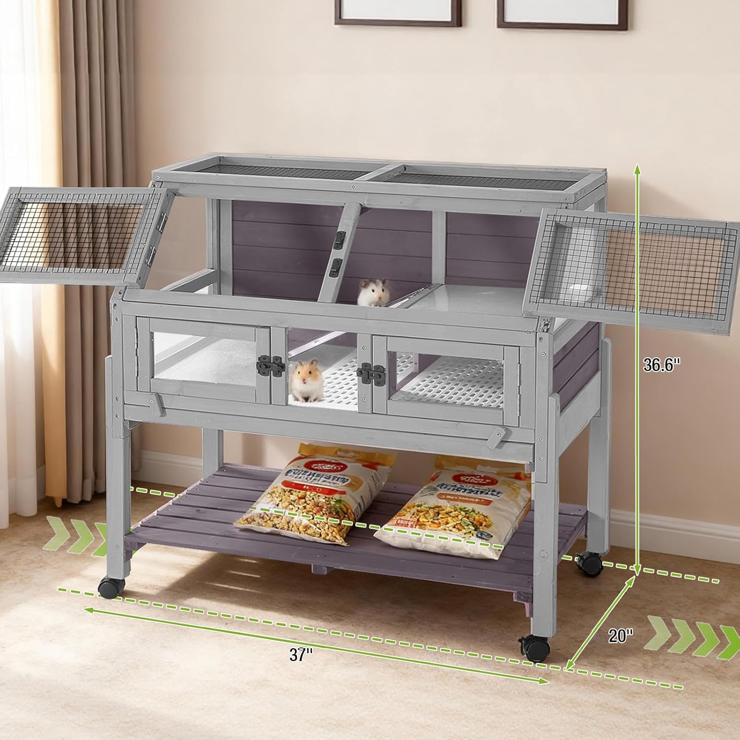 GUTINNEEN Rabbit Hutch Indoor Guinea Pig Cage on Wheels, Outdoor Bunny House Hamster Cage with Urine-Proof Plastic Floor, Cool Zinc Mat, Removable Legs and Storage Shelf