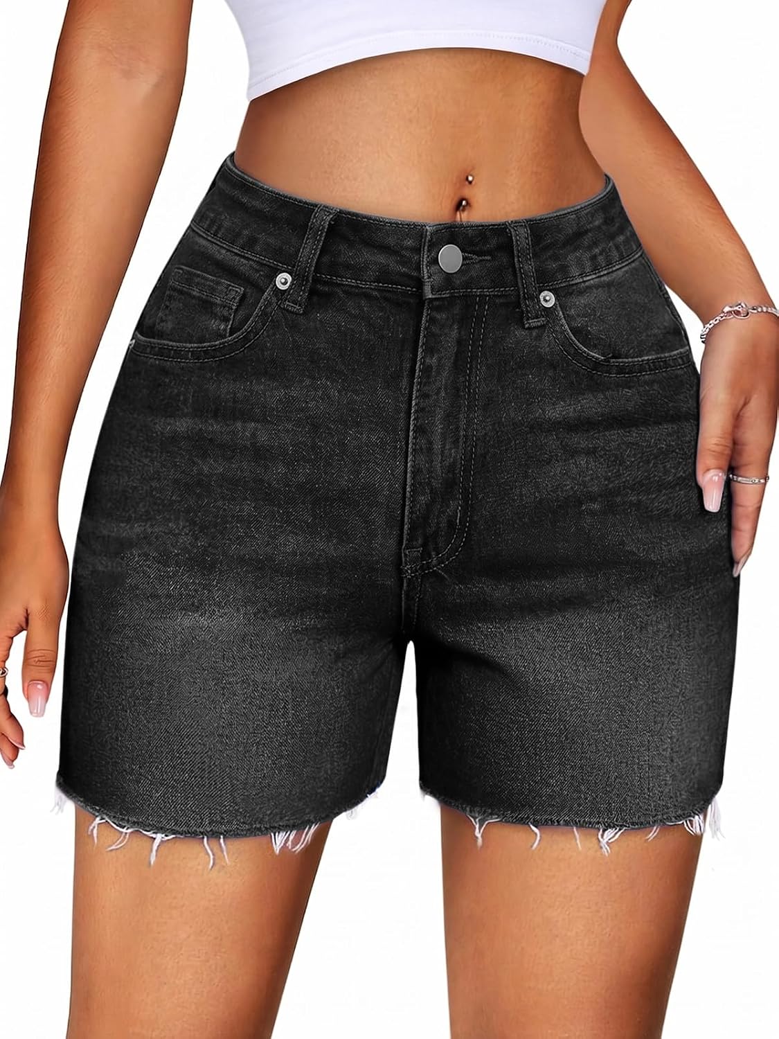Bosmeer Jean Shorts for Women Casual Mid High-Waisted Stretchy Denim Shorts Raw Hem Summer Hot Jorts 2026