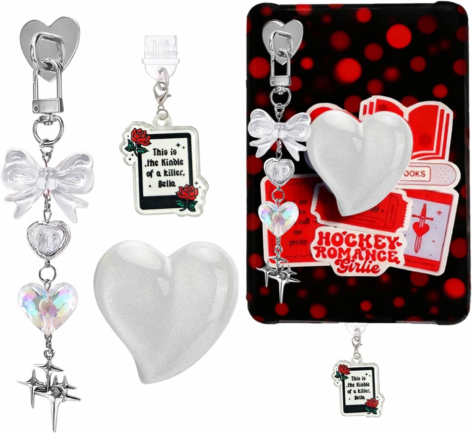 Books Theme Charms Set for Kindle,Including Dust Plug Charm Type C/USB C,Heart Grip Holder, Bow Keychain Accessories,Compatible for Kindle Paperwhite 11th 12th Generation