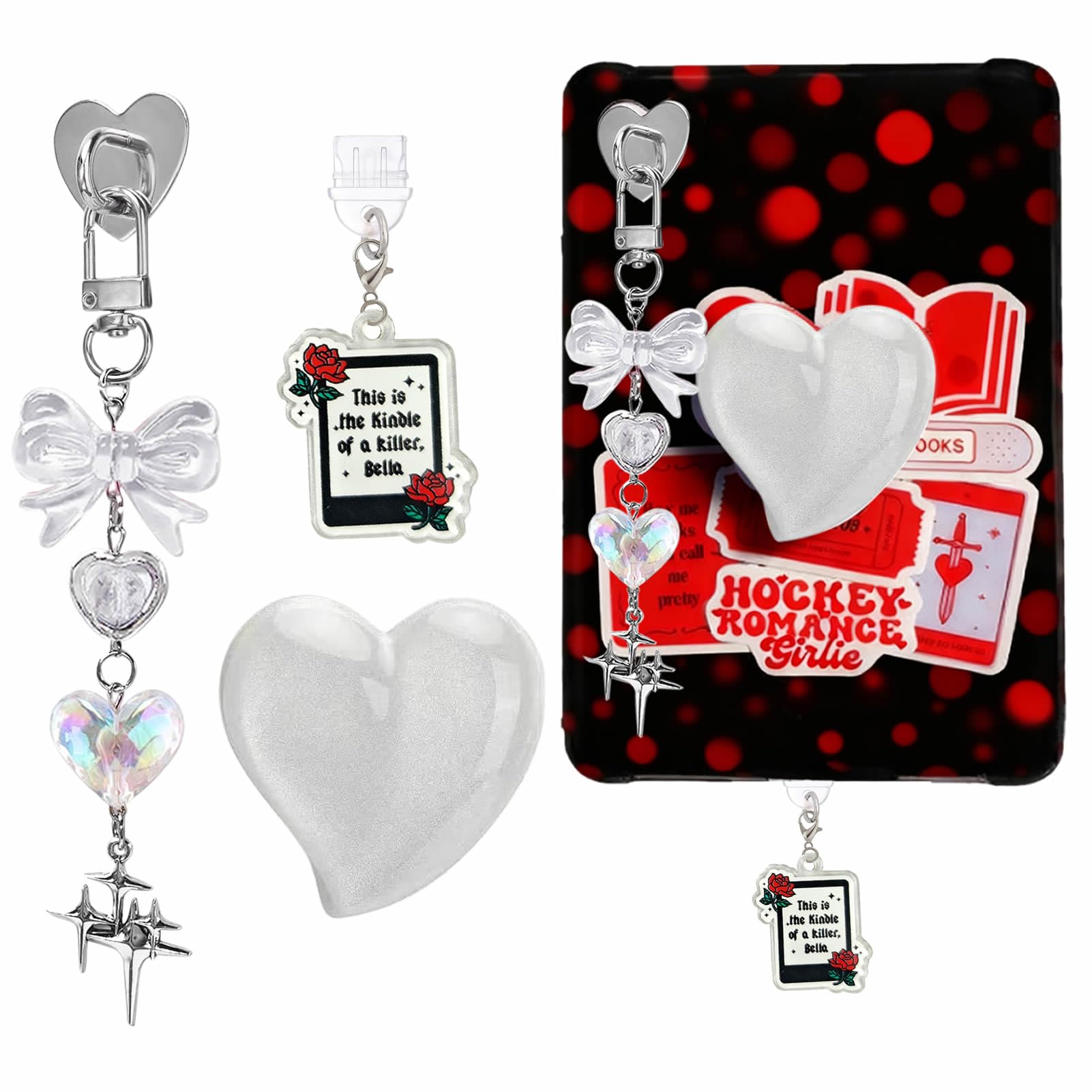 Books Theme Charms Set for Kindle,Including Dust Plug Charm Type C/USB C,Heart Grip Holder, Bow Keychain Accessories,Compatible for Kindle Paperwhite 11th 12th Generation-image-11