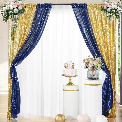 Miniatura 4 de 4 paneles de cortina de lentejuelas doradas y azules de 2 x 8 pies, cortinas de fondo de lentejuelas con purpurina para decoración de fiestas de