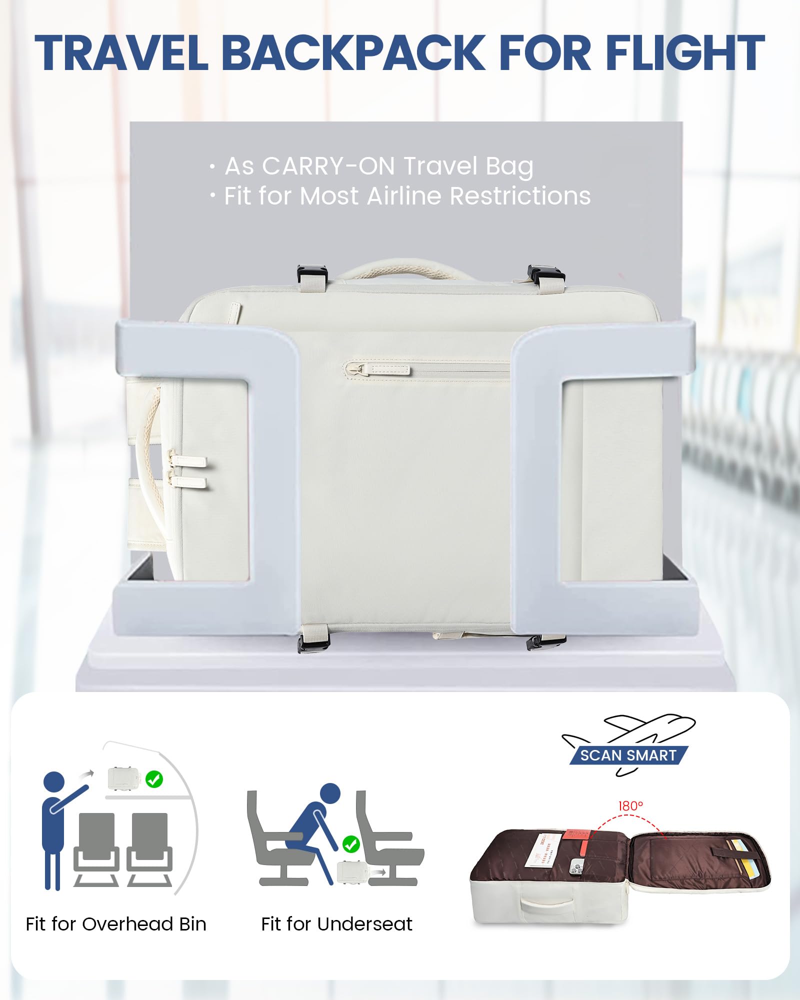 LOVEVOOK Zaino da Viaggio Aereo Bagaglio a Mano 40L Grande Borsa da Cabina per Voli Impermeabile Antifurto Zaino Viaggio Uomo Donna 17,3 Pollici Zaino Porta PC per Scuola Lavoro Trekking, Beige