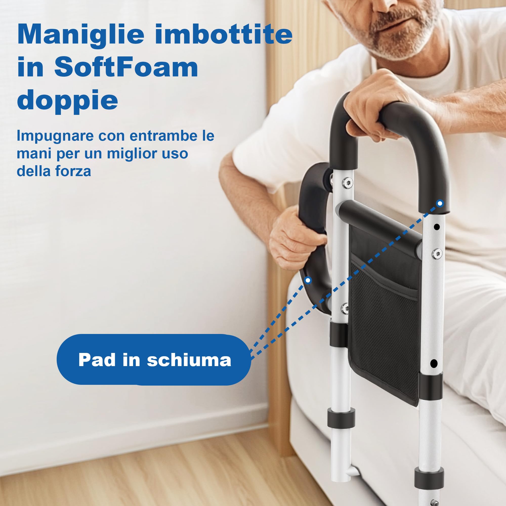 Sponda Letto Anziani con Braccioli Rimovibili–Sponde Letto Anziani con Cinghie di Fissaggio,Borsa Portaoggetti,Adatto a Letti King/Queen/Full/Twin,Supporto Medio fino 160 kg