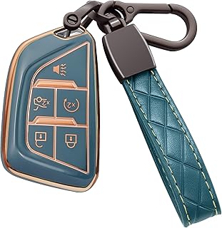 Syodiesn for Cadillac Key Fob Cover Soft TPU with Keychain Shell Full Protective Cover Remote Smart Key Fob Case Compatible with 2020-2023 Cadillac Escalade CT4 CT6 CT5 XTS XT4 XT5 ATS 5 Button, Gray