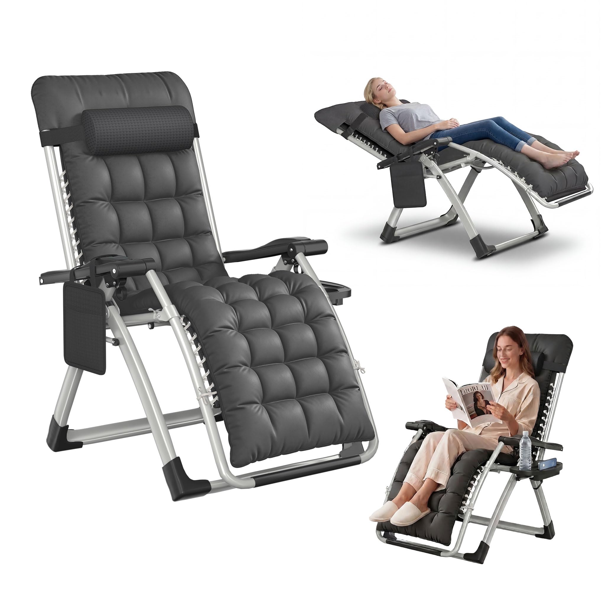 UISEBRT Liegestuhl Klappbar mit liegefunktion,Sonnenliege Verstellbar 90-170° mit Nackenkissen,Seitentasche & Getränkehalter -Relaxliege belastbar bis 160kg für Camping & Garten,Balkon