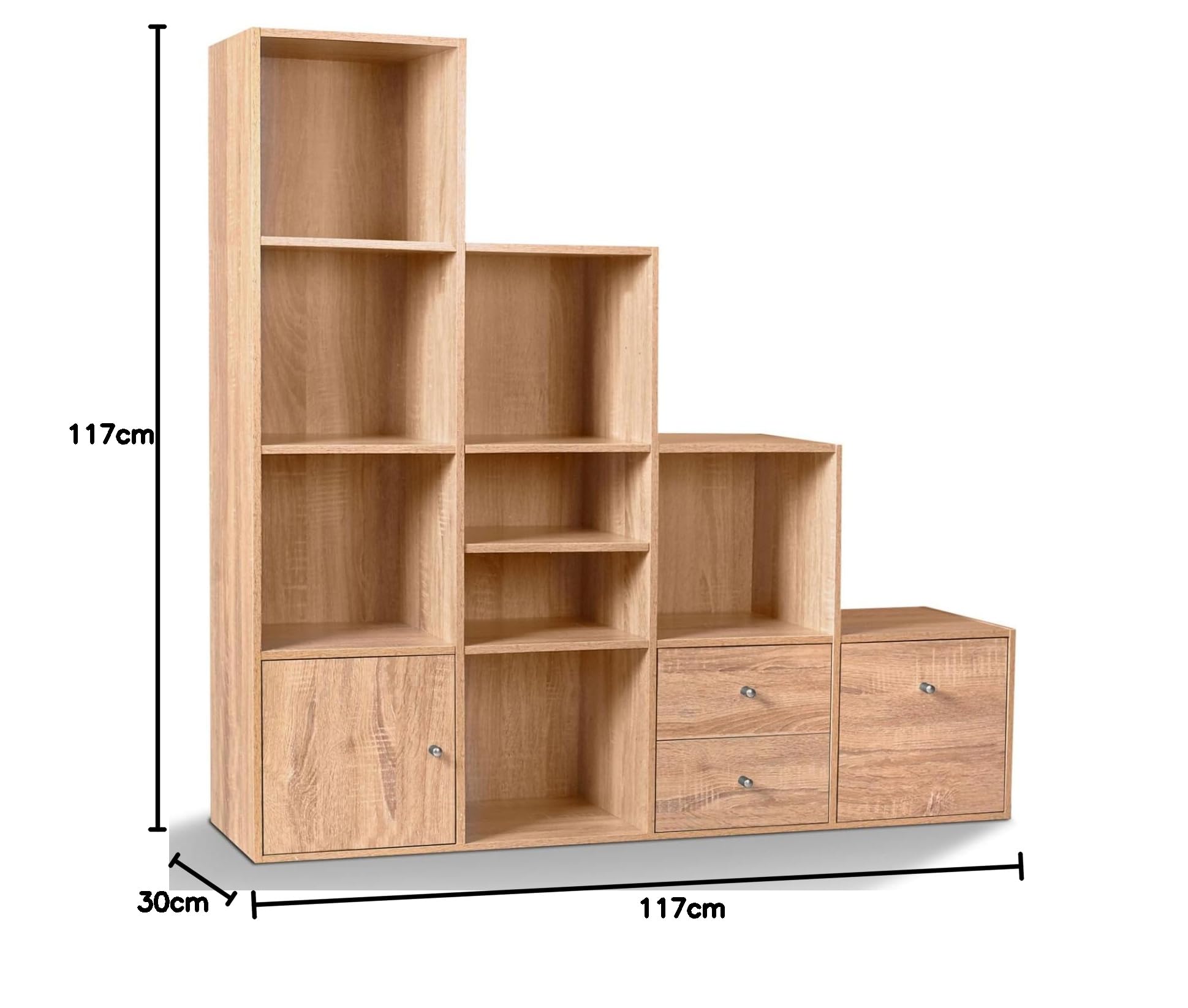 IDMarket - Treppenförmiges Aufbewahrungsmöbel Liam 4 Ebenen Holz in Buchenoptik mit Tür und Schubladen