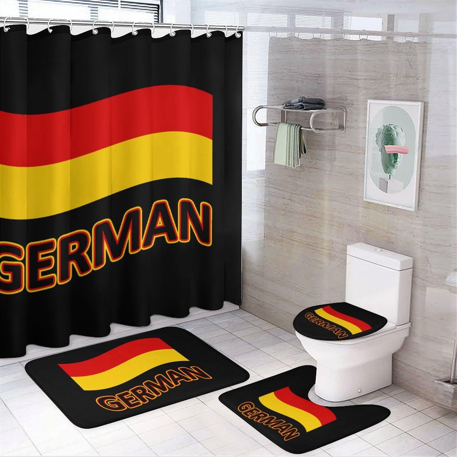 CGSBNGHA German Germany Flag Shower Curtain Set 4 Piece Bathroom Sets with Rugs Toilet Lid Cover And U-Shaped Floor Mat