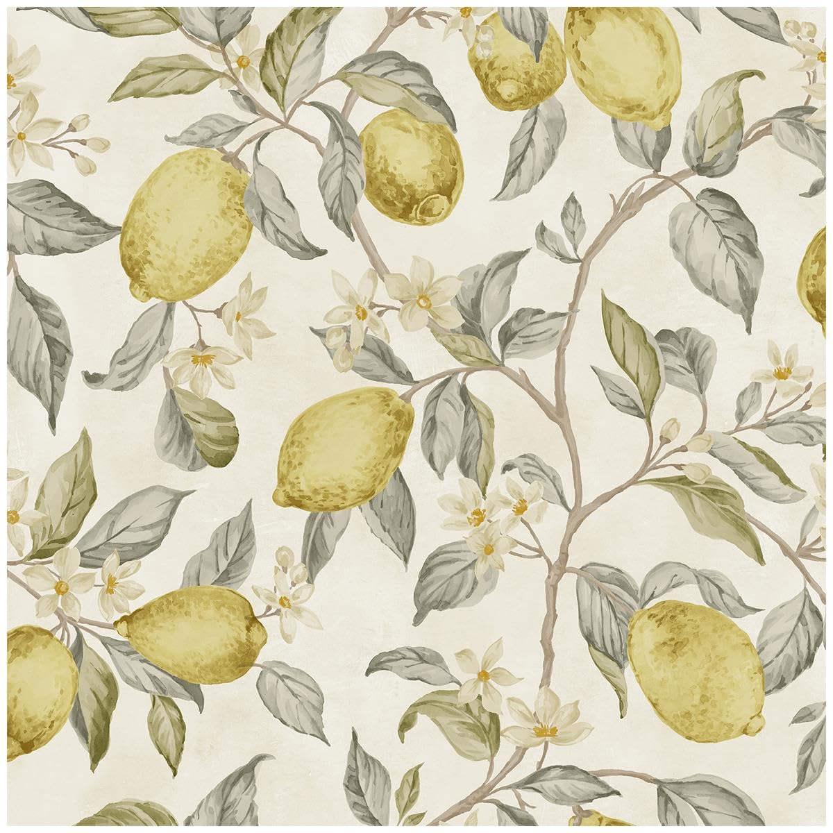 YöL Lemon Tree Wallpaper with Yellow Citrus Fruit and Botanical Leaf Design, Mediterranean Inspired Feature Wall on Light Neutral Background for Kitchen Dining Room or Breakfast Area