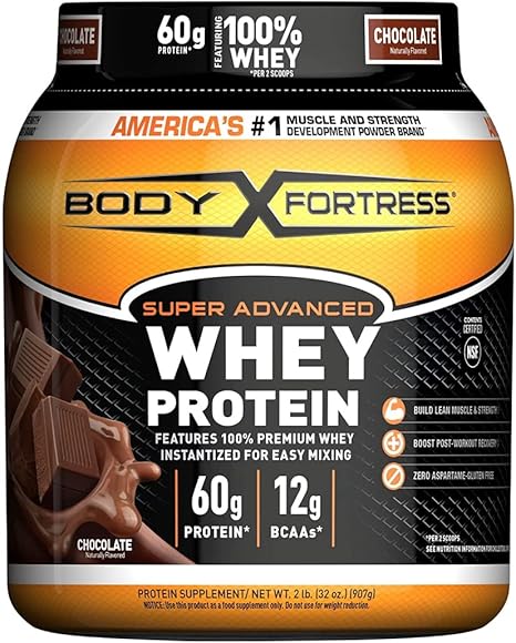 Body Fortress Super Advanced Whey Protein Powder, Chocolate Flavored,  Gluten Free, 2 Lb