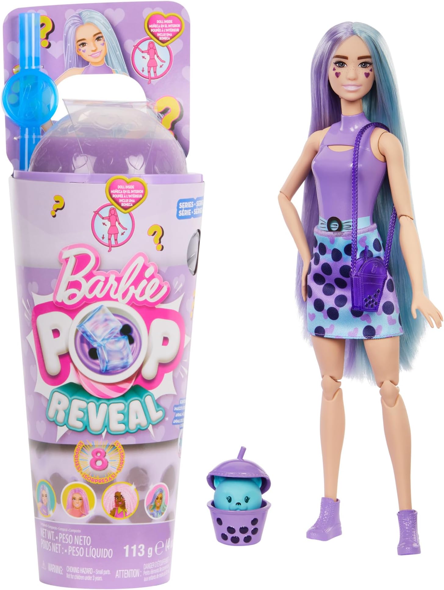 Pop Reveal Bubble Tea Series Fashion Doll Taro Milk Scented with Puppy and 8 Color Changing Surprise Accessories, Kids Toy, 3+ Years, HTJ19