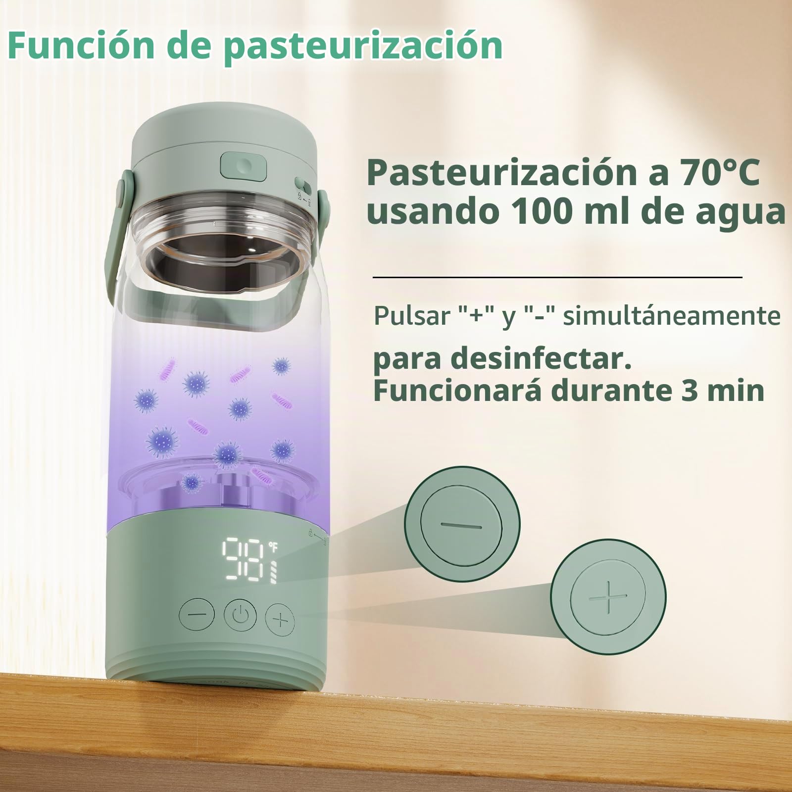 Calentador de biberón portátil, 500 ml, calentador de biberón con 70 °C pasteurización, calentamiento rápido 2 min, calentador de biberón beaba para viajes, acero inoxidable 316L, cerradura de