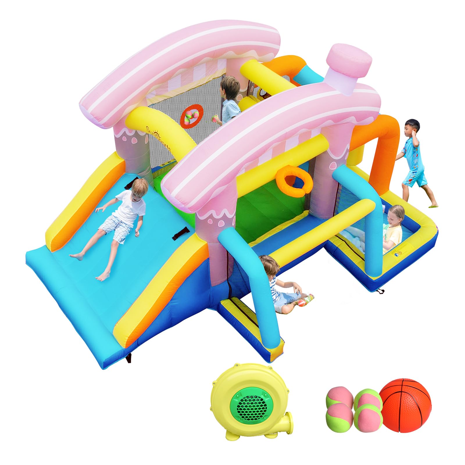 SunSports Bounce House,Inflatable Bounce House,Indoor Bouncy House for Kids,Small Bounce House with Slide,Inflatable Obstacle Course with Blower,Outdoor Jumping Castle with Ball Pit