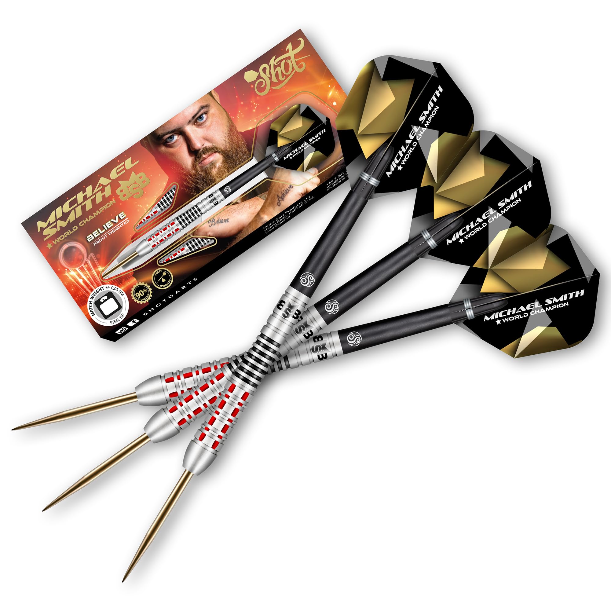 Shot!Steel Darts Michael Smith Bully Boy Believe 90% Tungsten Steeltip Darts High Quality Tungsten Darts Set with Shafts and Flights Made in New Zealand