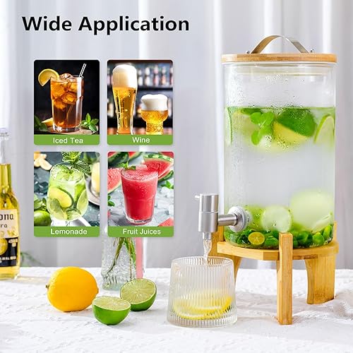 Miniatura 3 de Dispensador de bebidas de vidrio grande de 1.2 galones para fiestas, dispensador de bebidas con soporte de madera de bambú y grifo de acero