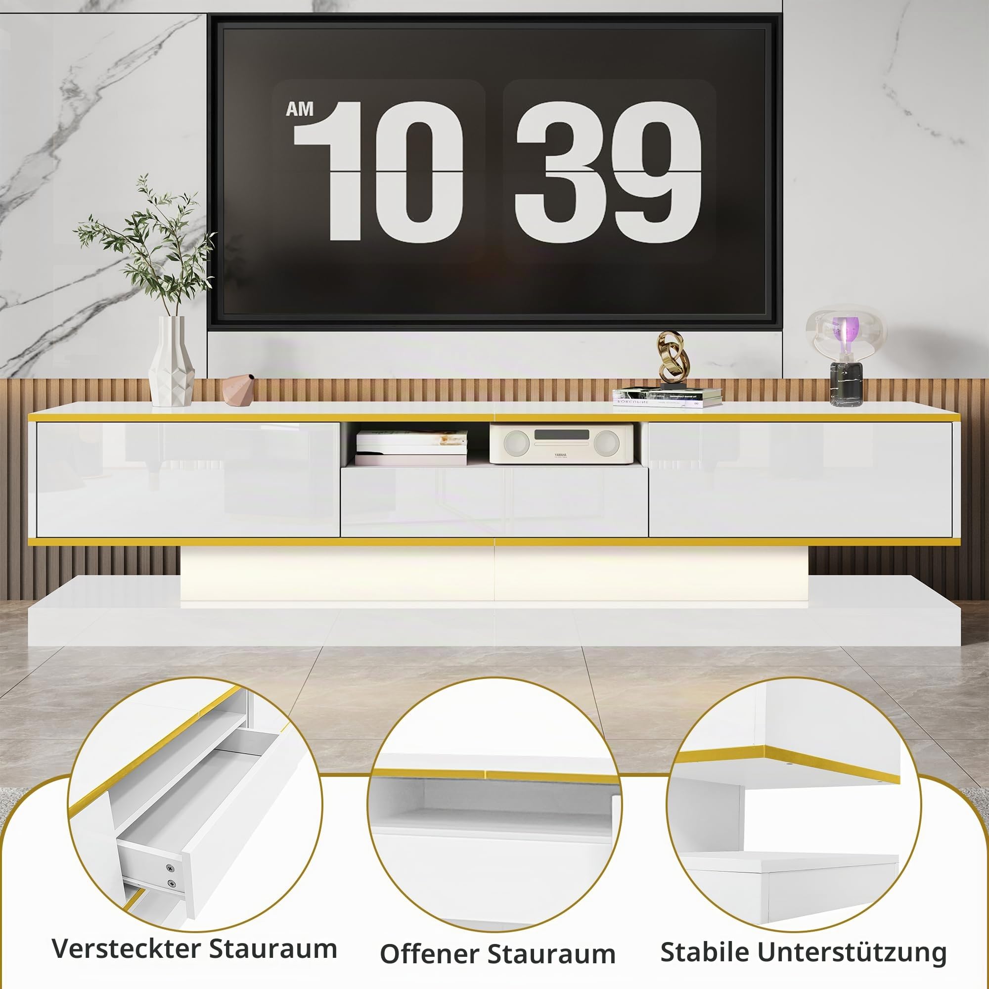 TV Schrank Länge 180 cm für Fernseher bis zu 75 Zoll, Lowboard mit Farbwechselnden LED Leuchten und 3 Schubladen, Fernsehschrank mit 1 Offenen Fach, Wohnzimmer Möbel TV Board, Weiß