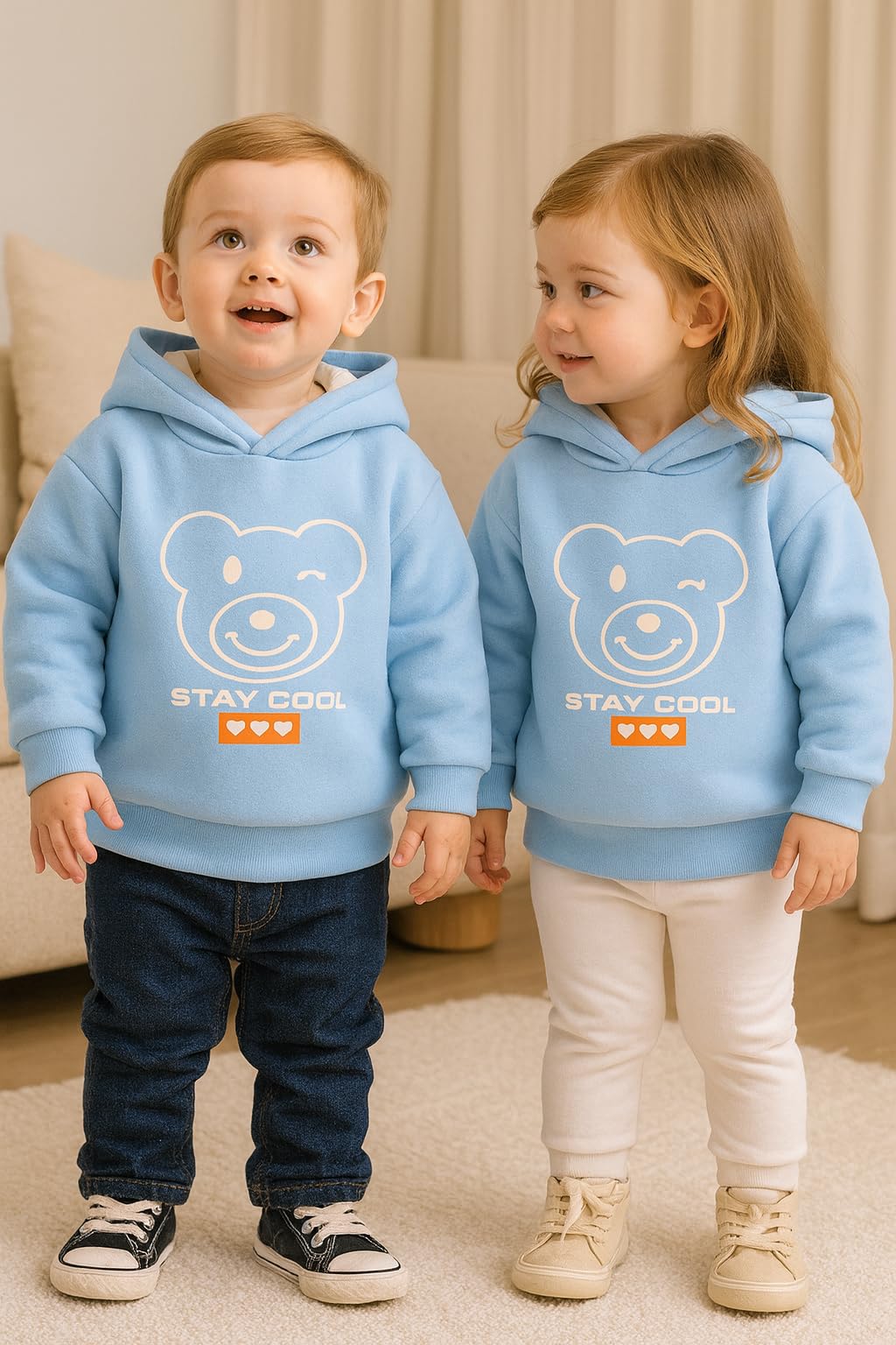 Bold N Elegant Cartoon Bear in Hood Print Kids Full Sleeve Warm Thick Fur Fleece Winter Tshirt Sweatshirt Hoodie for Infant Toddler Baby Boy & Girl (6-12 Months, Blue) 3