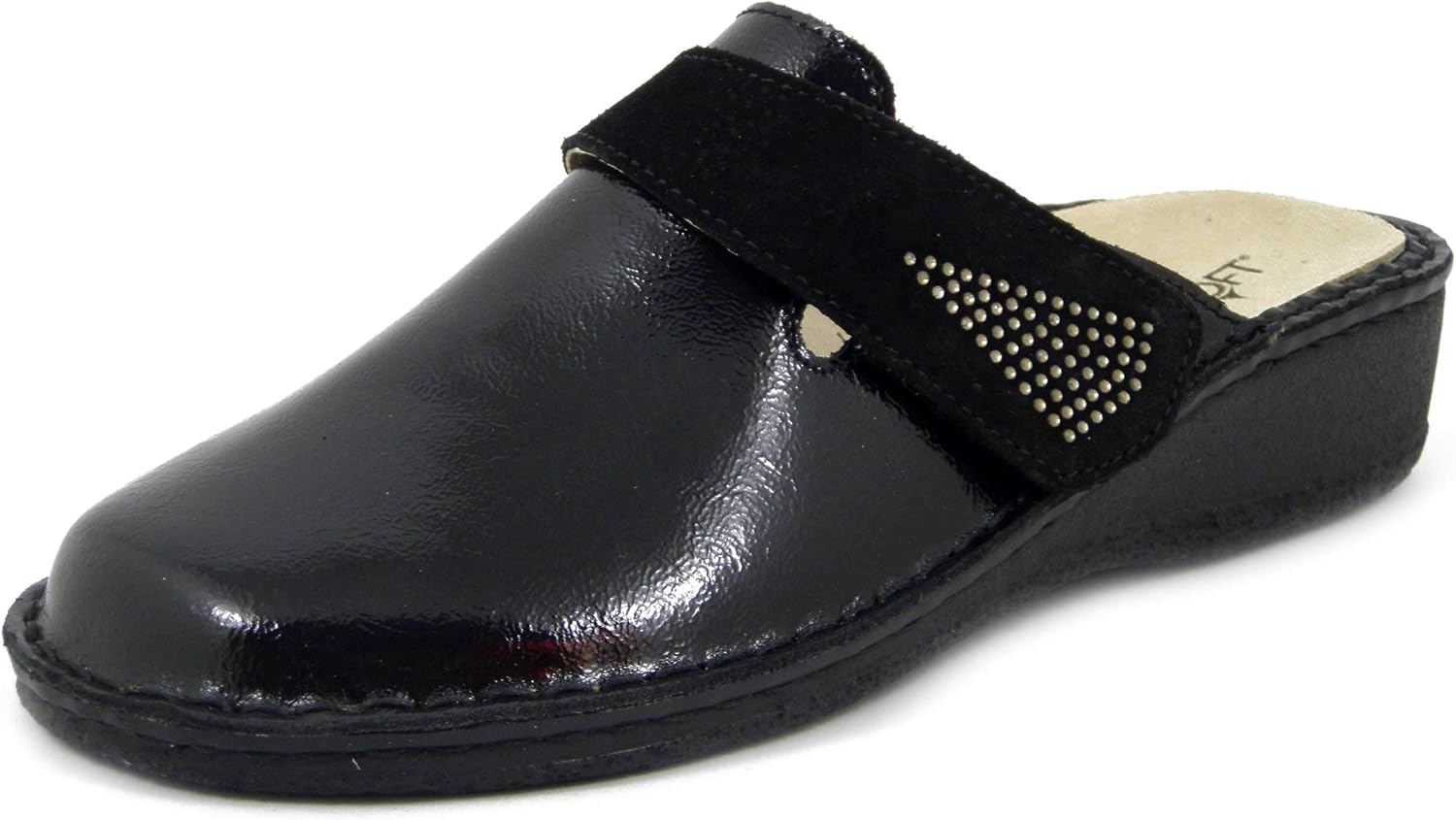CINZIA SOFT, Pantofole Ciabatte Donna Linea Ortopedica in Morbida Pelle  Lucida Nero, Chiusura Strap, Plantare Estraibile, Zeppa Bassa, Pianta Larga  : Amazon.it: Scarpe e borse