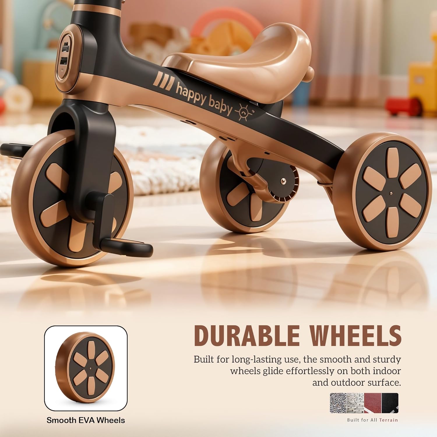 Baybee Velaro Baby Tricycle for Kids 1–5 Years | Dual-Mode Music Trike with 3 EVA Wheels | Safe Design, Easy Assembly Kids Bicycle | Indoor Outdoor Cycle for Boys & Girls (Brown)