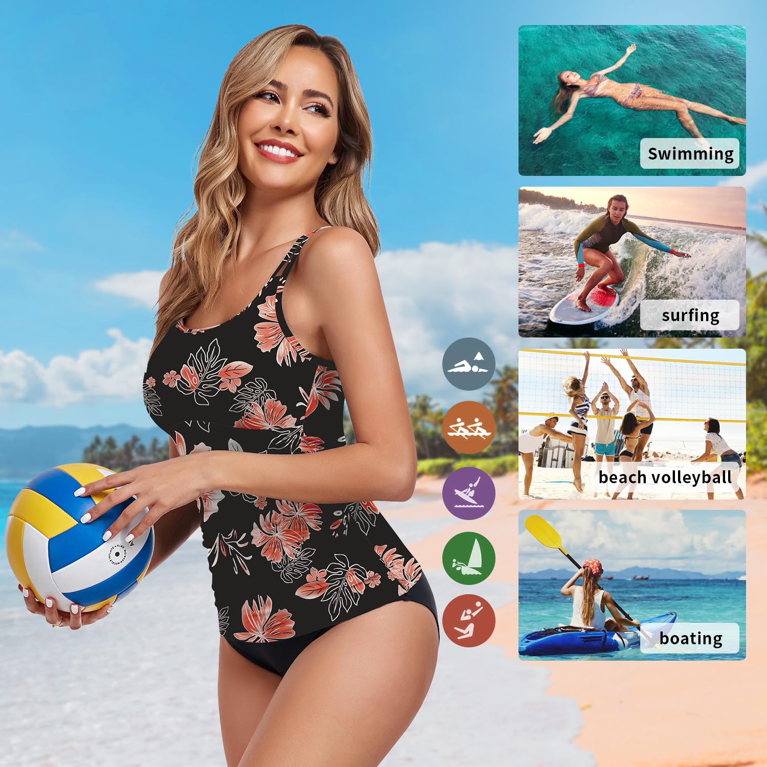 WOWENY Haut de Tankini pour Femme, Maillot de Bain Simple, élégant, rembourré, vêtements de Plage, Sport et Loisirs (Haut de Tankini Seul)