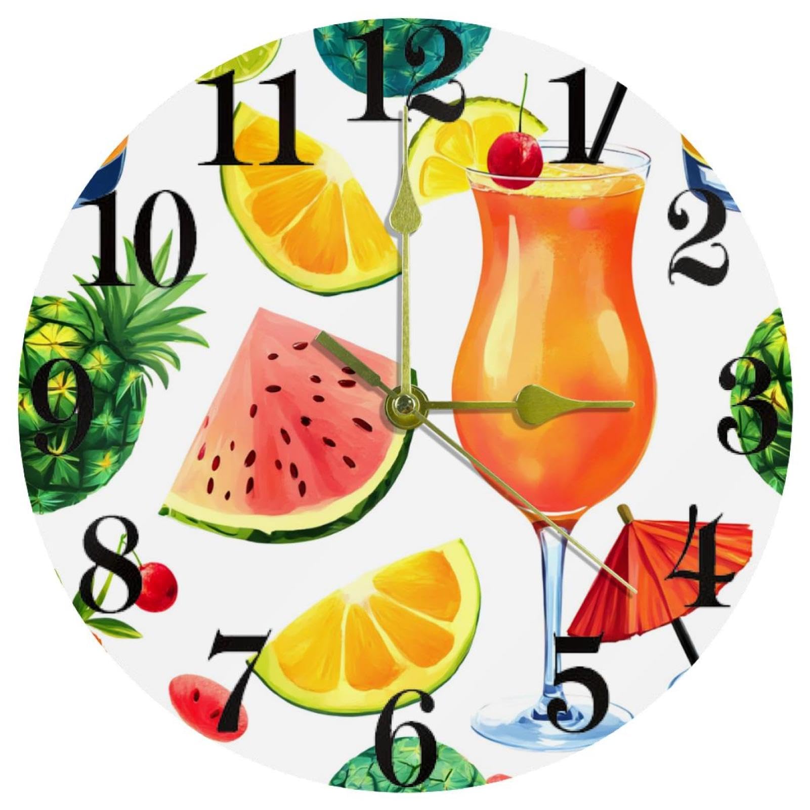 VAPOKF Tropical Fruit and Cocktail Wall Clock, Silent Non Ticking Quartz Battery Operated Round Wall Clocks Home/Kitchen/Office/School Clock