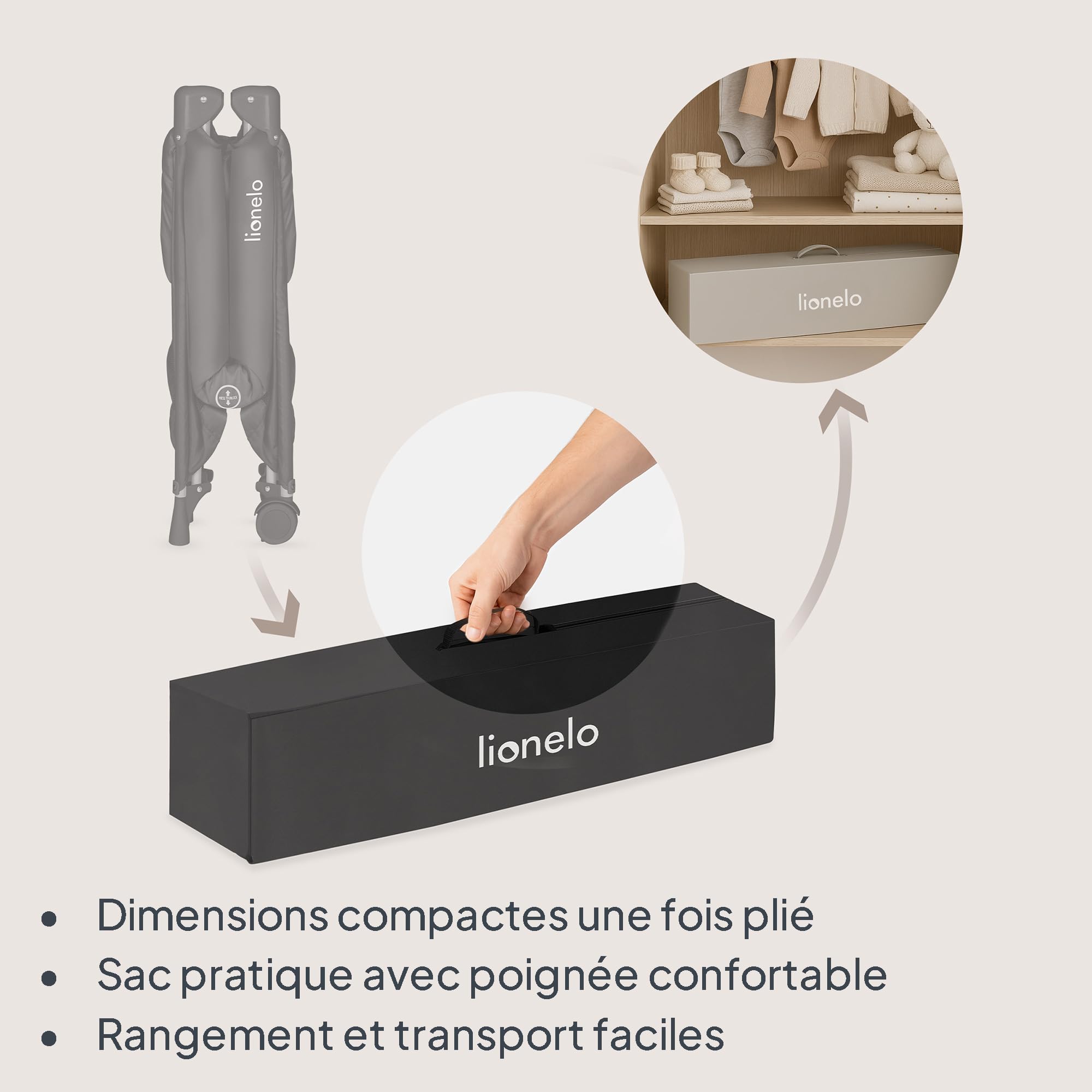 Lionelo Lit de Voyage pour Bébé Amelie de la Naissance à 15 kg, Petit, Pliable, Matelas Pliable Moelleux, 100,5x70,5 cm, 2 Roues, Entrée Latérale, Sac de Transport (Black) | Matelas pliable souple, 100,5 x 70,5 cm, 2 roues, entrée latérale, sac de voyage
