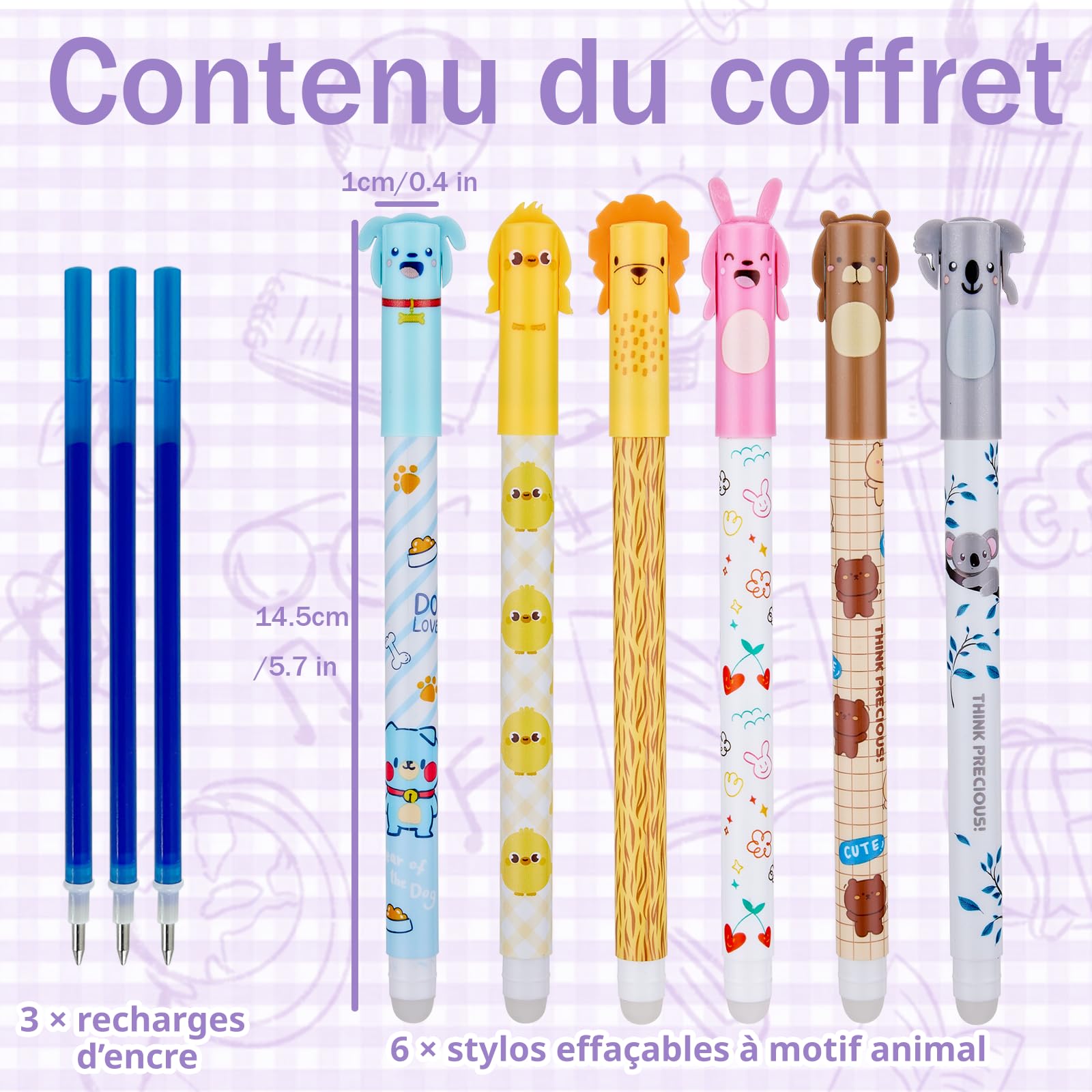 Lot De 6 Stylos Effaçables Gel Avec Motifs Animaux - Stylo Gomme Thermosensible 0,5 Mm Bleu