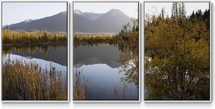 Renditions Gallery Seascape Wall Art Low Light on Vermillion Mountain Lake Photography Modern Abstract Landscape Artwork Canvas Prints Wall Decor for Home-White Floater Frame-16x24x 3 Panels, LS020