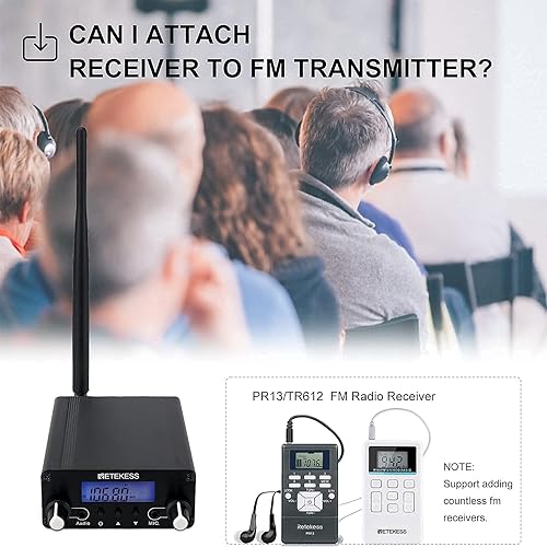 Miniatura 5 de Retekess TR508 Transmisor FM con 6 auriculares TR101 FM Radio, estación de transmisión estéreo de radio FM de largo alcance para conducir en