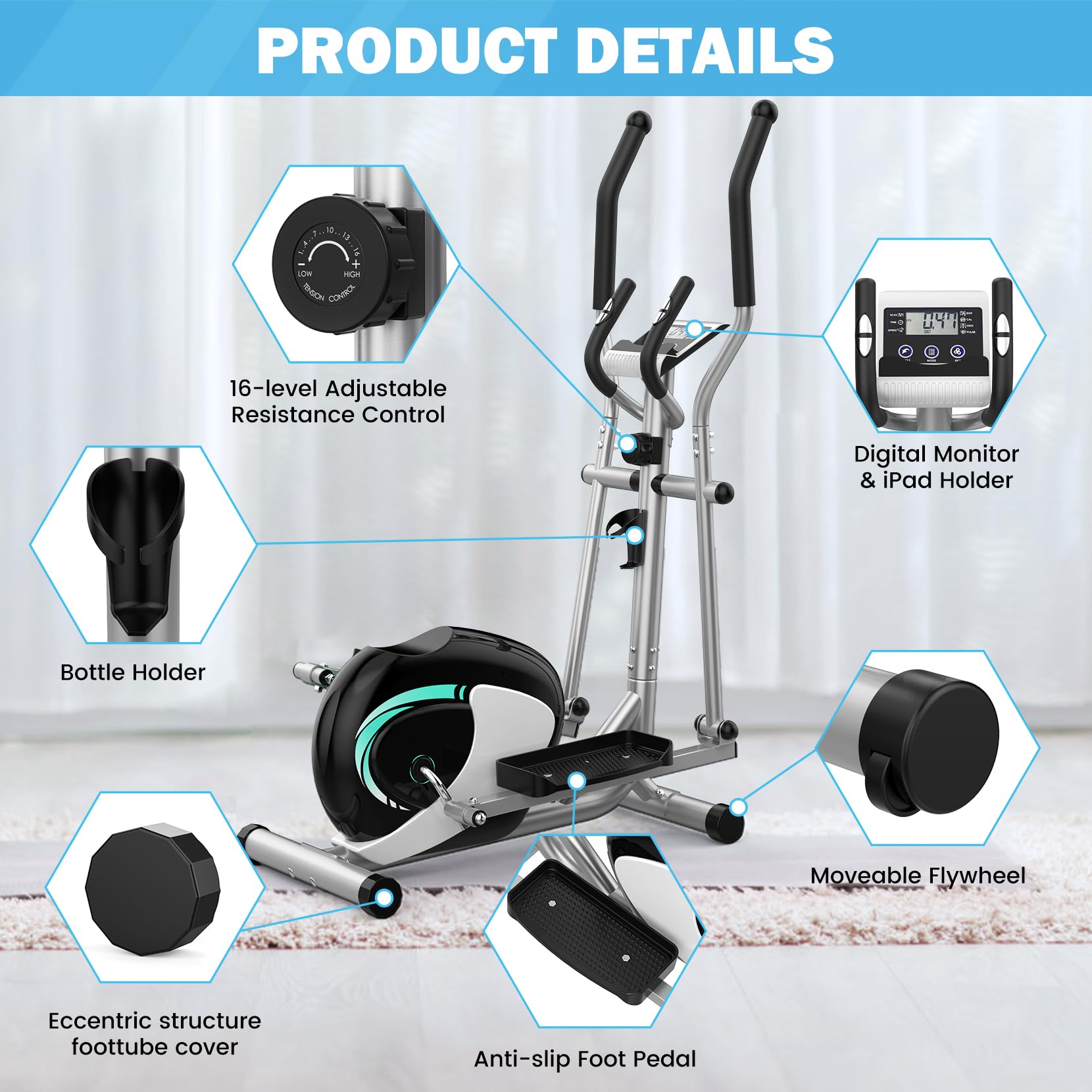 Dripex Crosstrainer für Zuhause, Magnetischer Ellipsentrainer mit 16 Widerstandsstufen, 6 KG Schwungmasse, Leises Indoor-Trainingsgerät, LCD-Monitor, Pulssensor, bis 120 KG